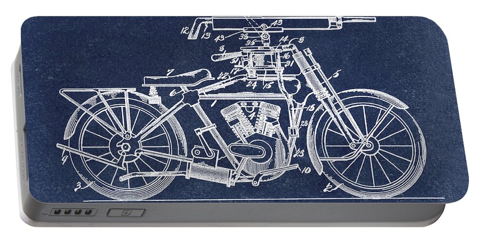 Motorcycle Portable Battery Charger featuring the digital art Motorcycle Machine Gun Patent 1918 in Blue by Bill Cannon