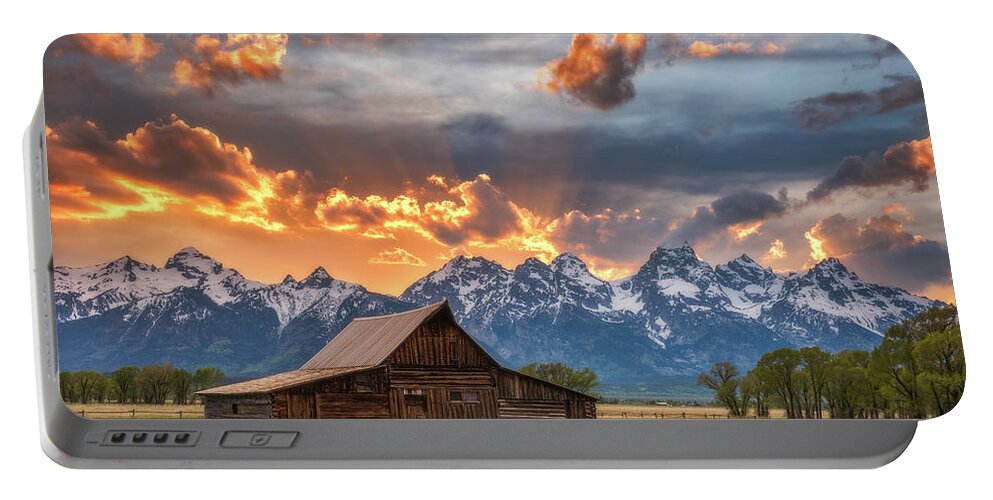 Moulton Barn Portable Battery Charger featuring the photograph Moulton Barn Sunset Fire by Darren White