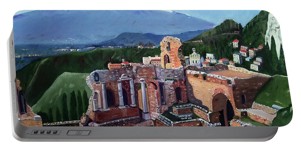 Oil Portable Battery Charger featuring the painting Mount Etna and Greek Theater in Taormina Sicily by Mary Capriole