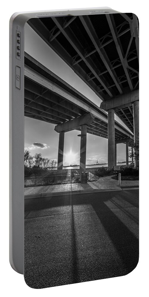 Mount Pleasant Portable Battery Charger featuring the photograph Mount Pleasant Waterfront Park Black and White by Donnie Whitaker