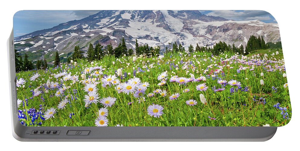 Alpine Portable Battery Charger featuring the photograph Mount Rainier and a Meadow of Aster by Jeff Goulden