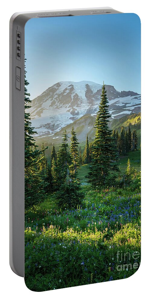 Mount Rainier Portable Battery Charger featuring the photograph Mount Rainier Golden Meadows Light and Shadows by Mike Reid