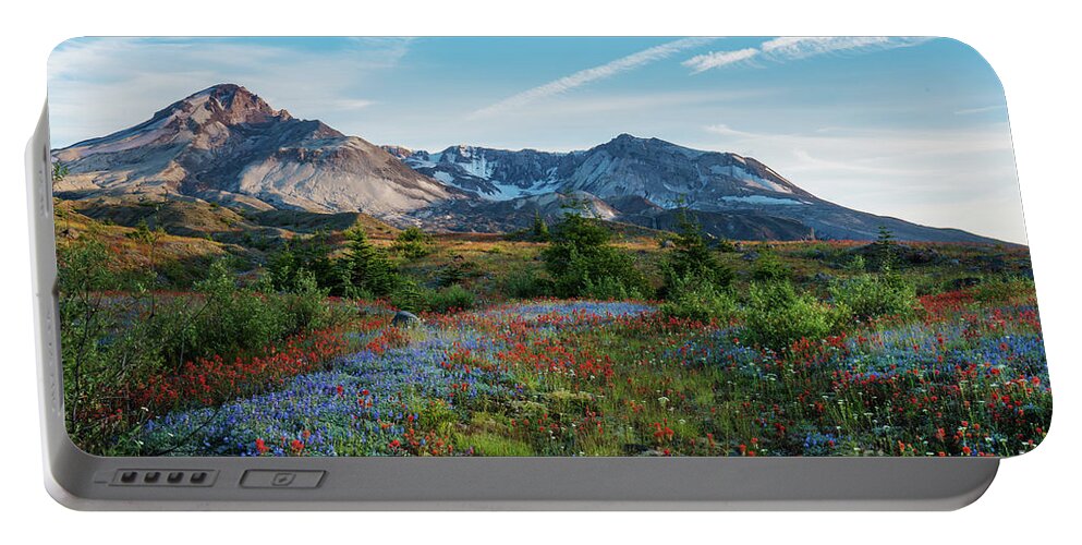 Mount St Helens Portable Battery Charger featuring the photograph Mount St Helens Glorious Field of Spring Wildflowers by Mike Reid