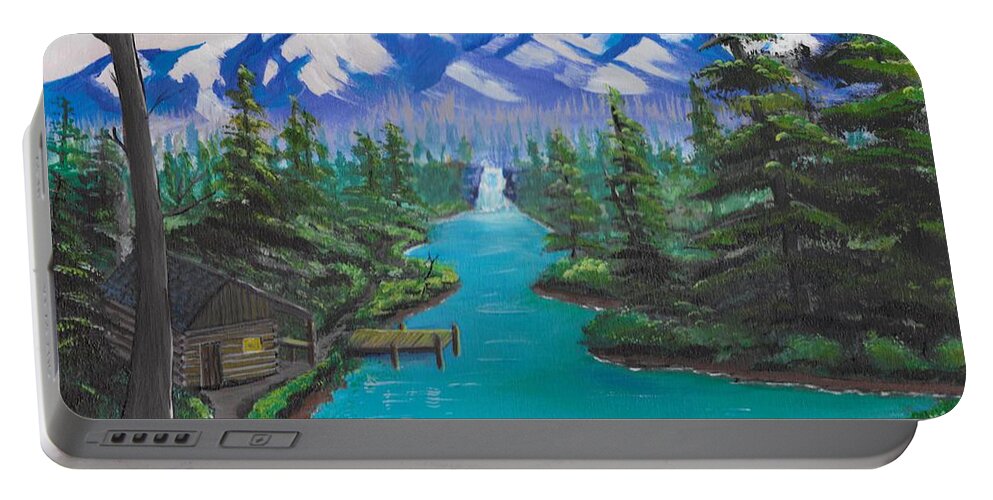 Dock Portable Battery Charger featuring the painting Mountain Cabin by David Bigelow