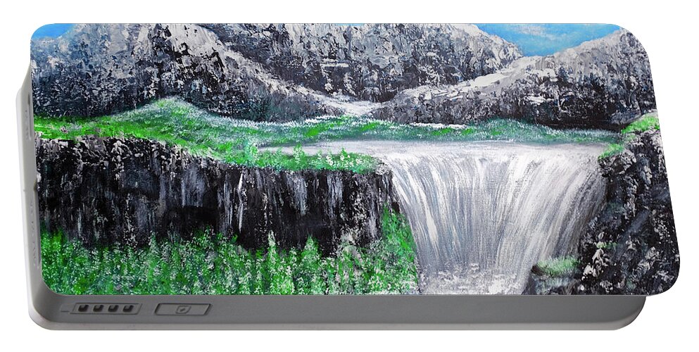 Landscape Portable Battery Charger featuring the painting Mountain Falls by Dick Bourgault