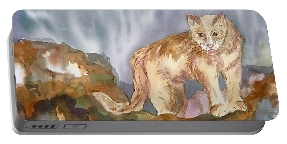 Mountain Lion Portable Battery Charger featuring the painting Mountain Lion on the Rocks by Ellen Levinson