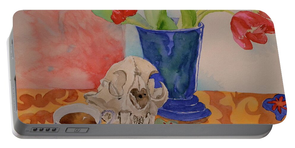 Still Life Portable Battery Charger featuring the painting Mountain Lion Skull Tea and Tulips by Beverley Harper Tinsley