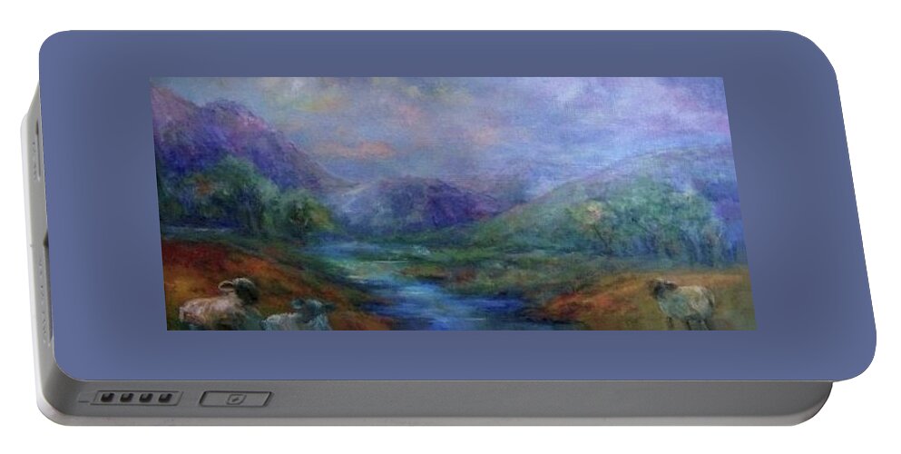 Impressionist Landscape Portable Battery Charger featuring the painting Mountain Meadow by Mary Wolf