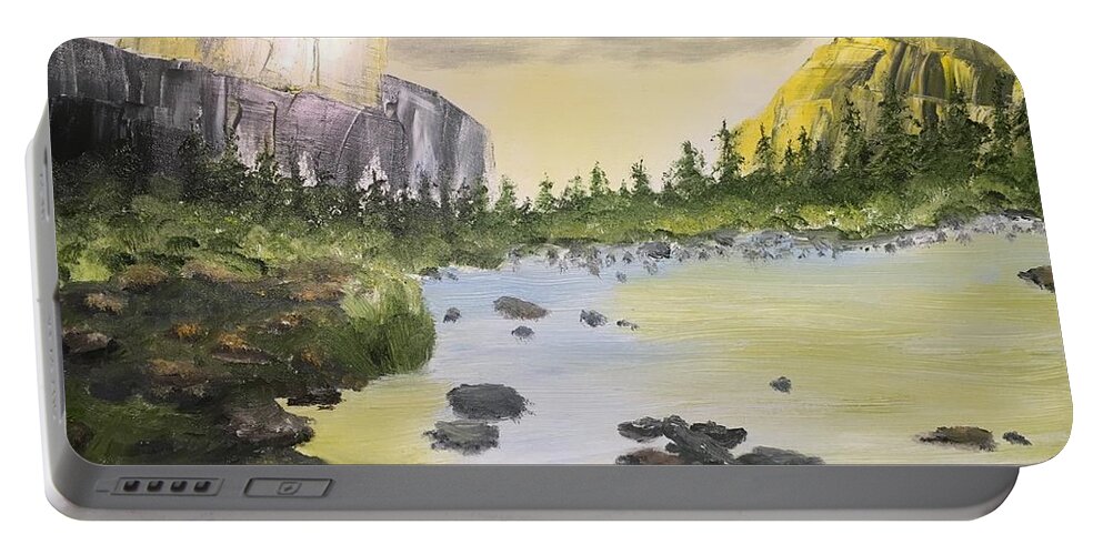 Mountains Portable Battery Charger featuring the painting Mountains and Stream by David Bartsch