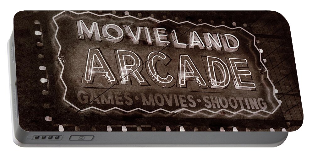 Movieland Portable Battery Charger featuring the photograph Movieland Arcade - Gritty by Stephen Stookey