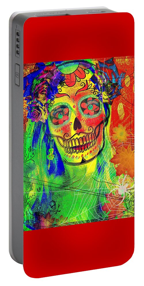 Neon Colors Skull Portable Battery Charger featuring the digital art Mujer Muerte by Pamela Smale Williams