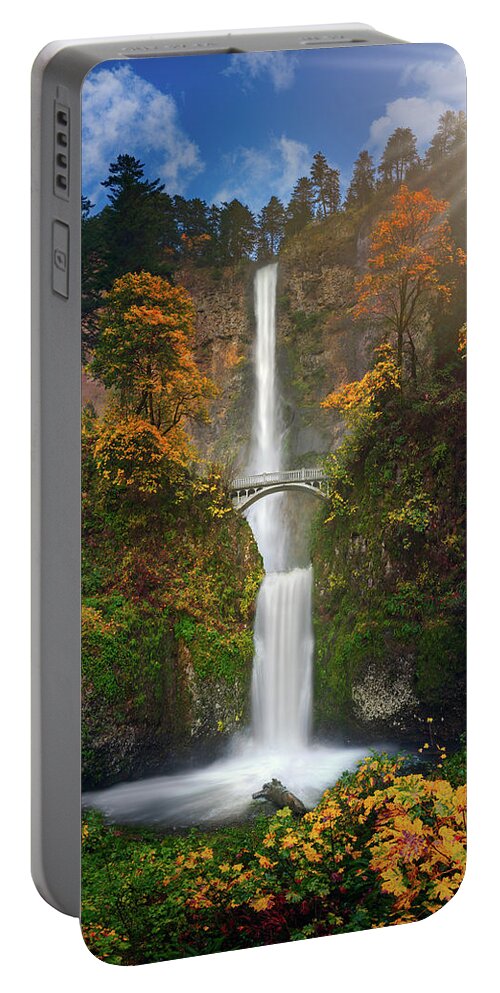 Falls Portable Battery Charger featuring the photograph Multnomah Falls in Autumn colors -panorama by William Lee