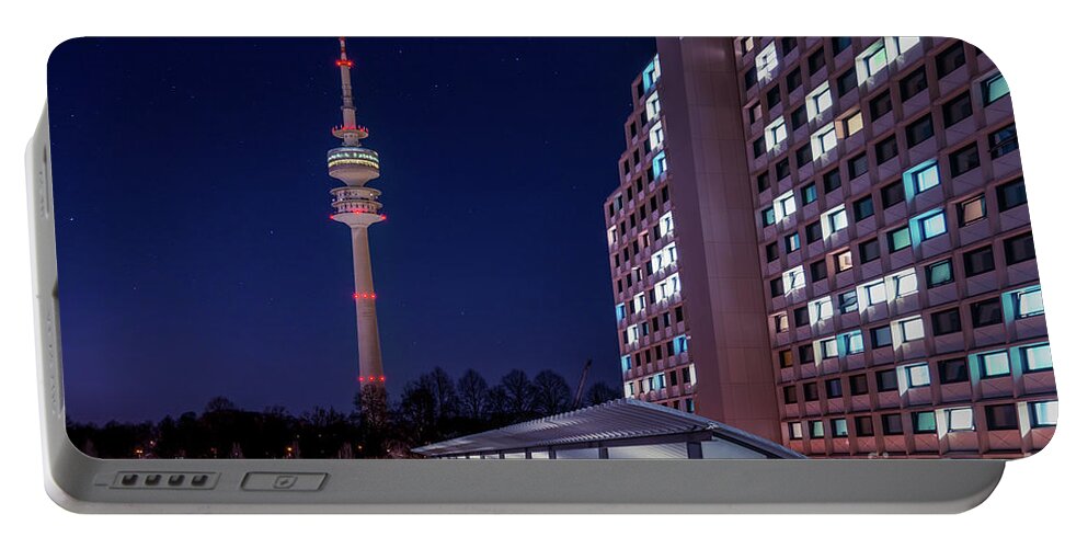 Bavaria Portable Battery Charger featuring the photograph Munich - Olympictower and village by Hannes Cmarits