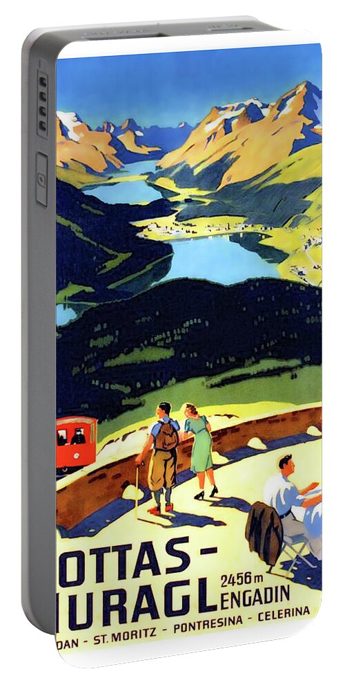 Muottas Muragl Portable Battery Charger featuring the painting Muottas - Muragl, Switzerland, travel poster by Long Shot
