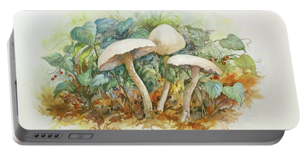 Mushrooms Portable Battery Charger featuring the painting Mushrooms and Berries by Lois Mountz