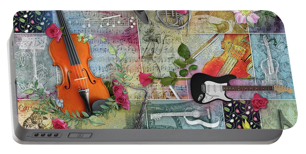 Musical Portable Battery Charger featuring the digital art Musical Garden Collage by Linda Carruth