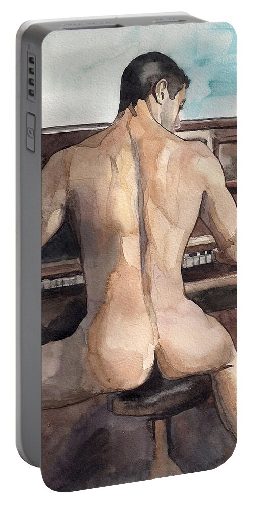Nude Male Erotic Sexy Man Watercolor On Paper Painting Artwork Portable Battery Charger featuring the painting Musician by Yuliya Podlinnova