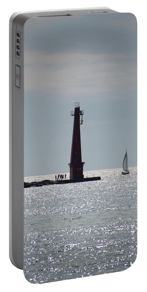 Muskegon Michigan South Breakwater Beacon Portable Battery Charger featuring the photograph Muskegon Michigan South Breakwater Beacon Vertical by Thomas Woolworth