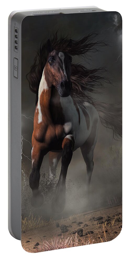 Horse Portable Battery Charger featuring the digital art Mustang Horse in a Storm by Daniel Eskridge