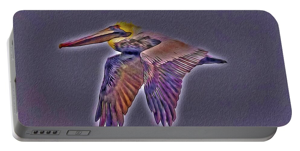 Brown Portable Battery Charger featuring the digital art Mystical Brown Pelican Soaring Spirit by DB Hayes