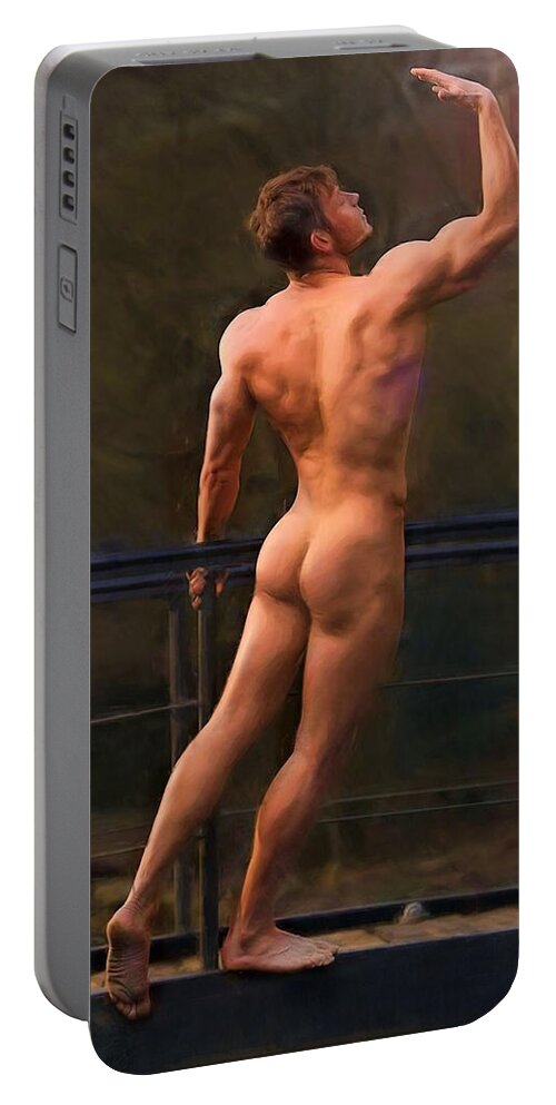 Troy Caperton Portable Battery Charger featuring the painting Naked on a Rail by Troy Caperton