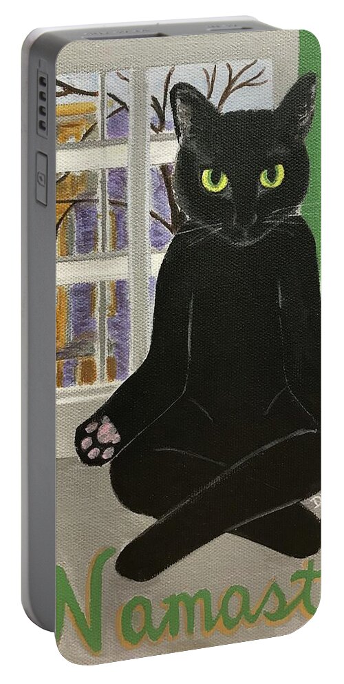 Black Cat Portable Battery Charger featuring the painting Namaste Cat by Chrissey Dittus