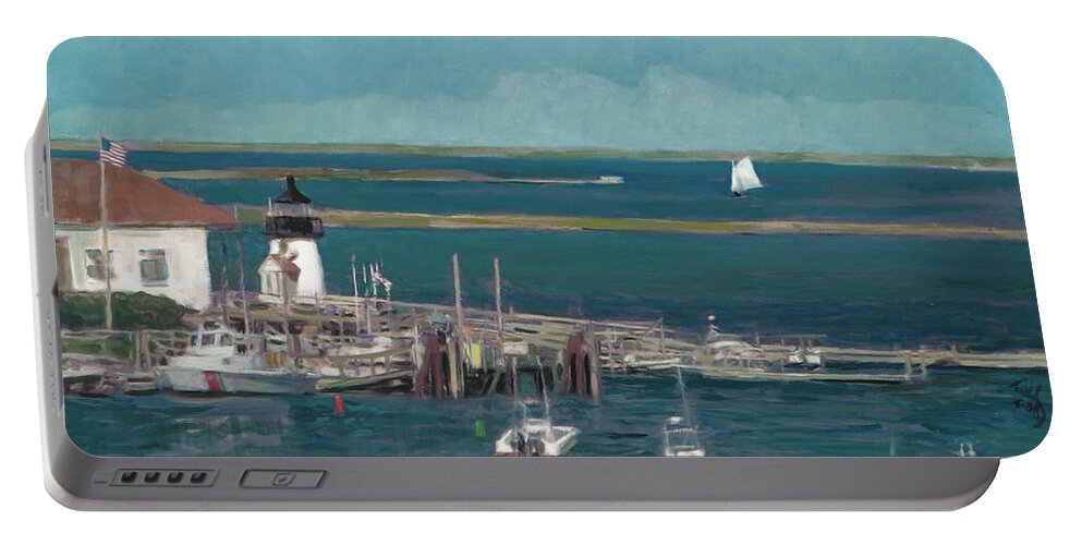 Landscape Portable Battery Charger featuring the painting Nantucket Harbor by Thomas Tribby