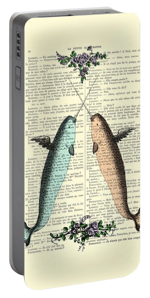 Narwhal Portable Battery Charger featuring the digital art Narwhals in love by Madame Memento
