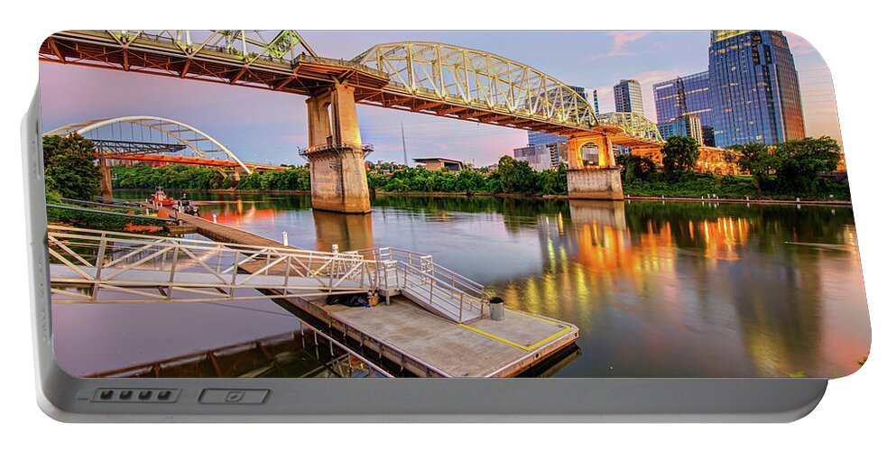 America Portable Battery Charger featuring the photograph Nashville Pedestrian and Gateway Bridge at Dusk by Gregory Ballos