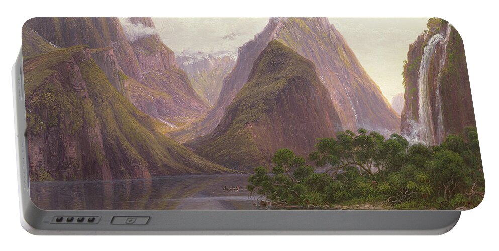 Native Portable Battery Charger featuring the painting Native figures in a canoe at Milford Sound by Eugen von Guerard