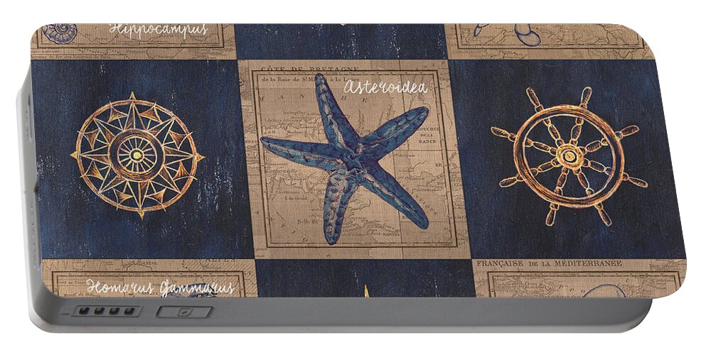 Seahorse Portable Battery Charger featuring the mixed media Nautical Burlap by Debbie DeWitt