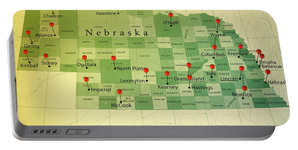 Cartography Portable Battery Charger featuring the digital art Nebraska Map Square Cities Straight Pin Vintage by Frank Ramspott