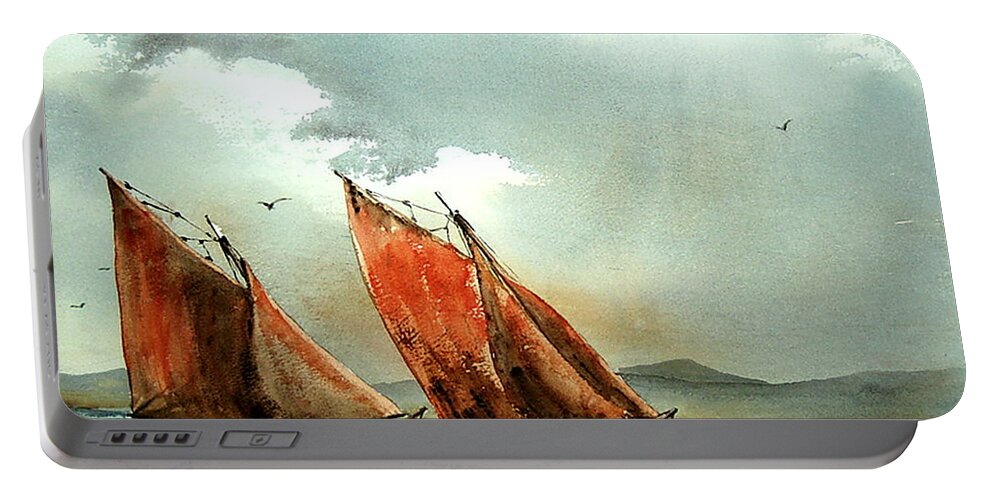 Wild Atlantic Way Galway Portable Battery Charger featuring the painting Neck and neck on Galway Bay by Val Byrne