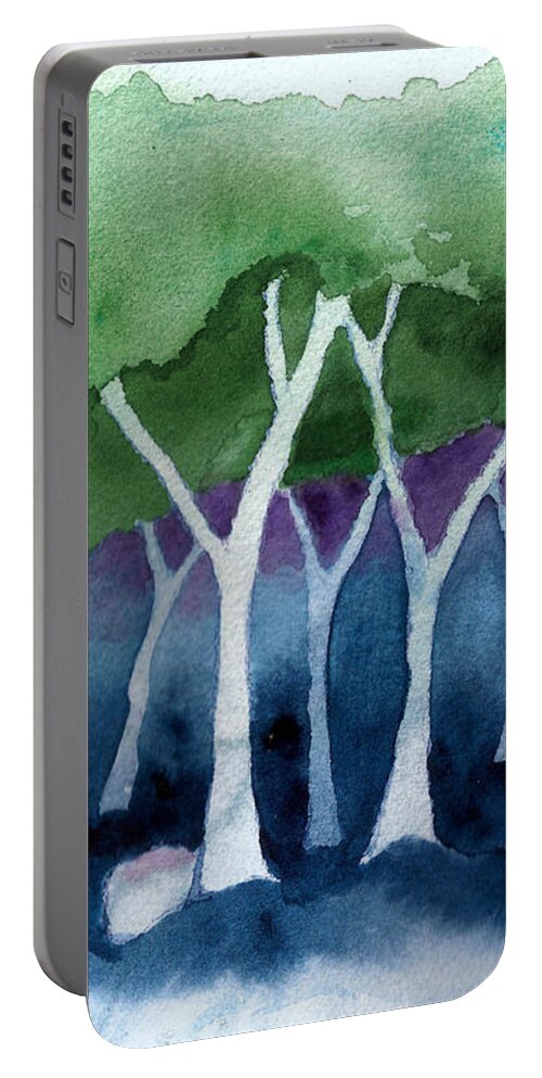 Watercolor Portable Battery Charger featuring the painting Negative Thinking Makes a Woodland Scene by Conni Schaftenaar