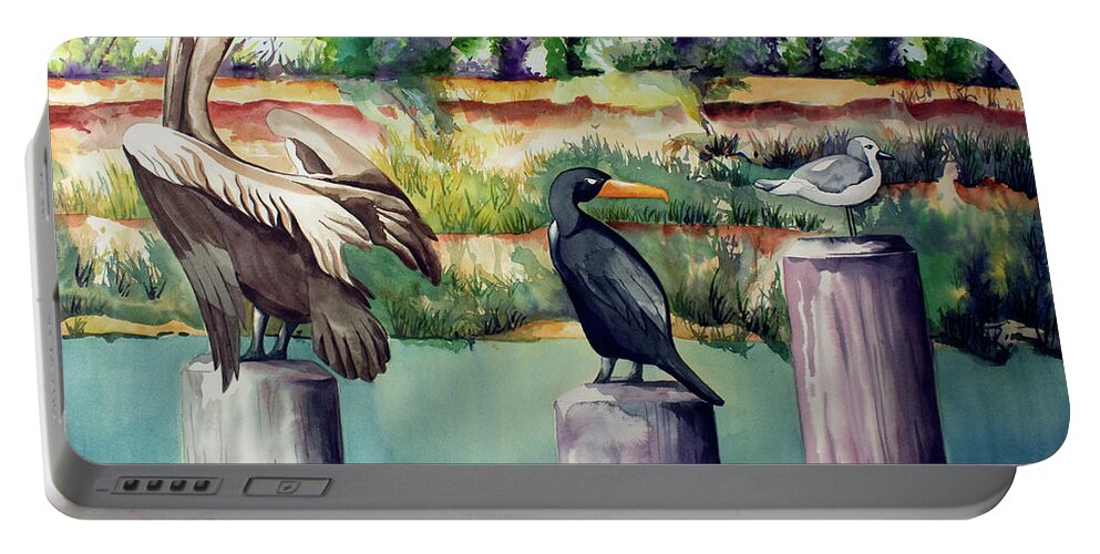 Birds Painting Portable Battery Charger featuring the painting Neighborhood Gossip by Kandyce Waltensperger