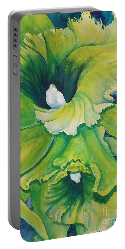Neon Green Orchid Portable Battery Charger featuring the painting Neon Fluffy Cattleya Orchids by Lisa Debaets