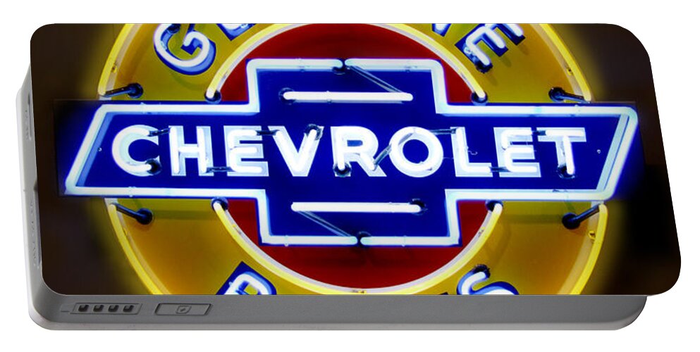 Neon Sign Portable Battery Charger featuring the photograph Neon Genuine Chevrolet Parts Sign by Mike McGlothlen