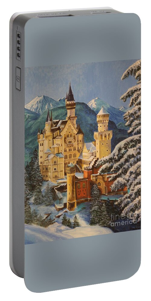 Germany Art Portable Battery Charger featuring the painting Neuschwanstein Castle in Winter by Charlotte Blanchard