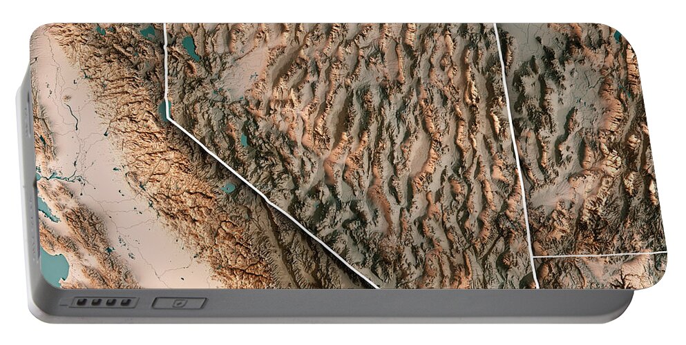 Nevada Portable Battery Charger featuring the digital art Nevada State USA 3D Render Topographic Map Neutral Border by Frank Ramspott