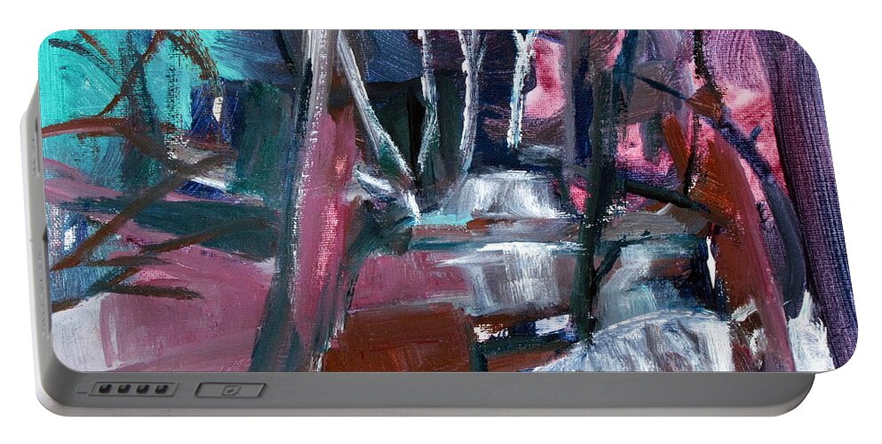 Abstract With Reds Portable Battery Charger featuring the painting Never Dark in the Forest by Betty Pieper