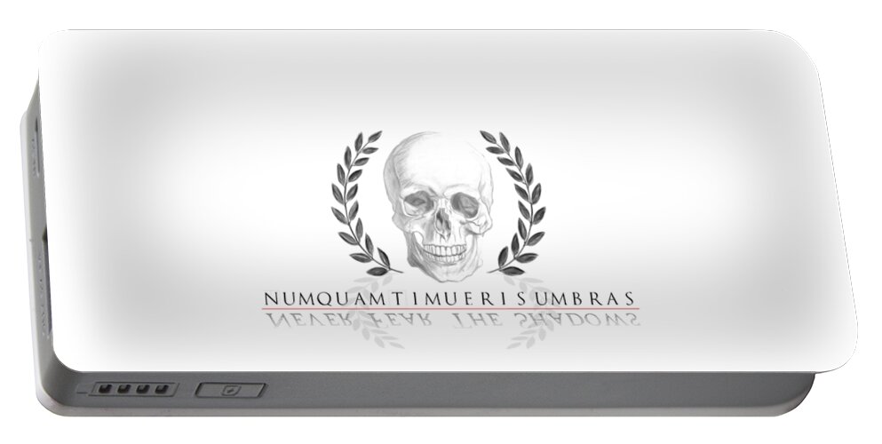 Skull Portable Battery Charger featuring the digital art Never Fear the Shadows Stoic Skull with Laurels by Angela Rath