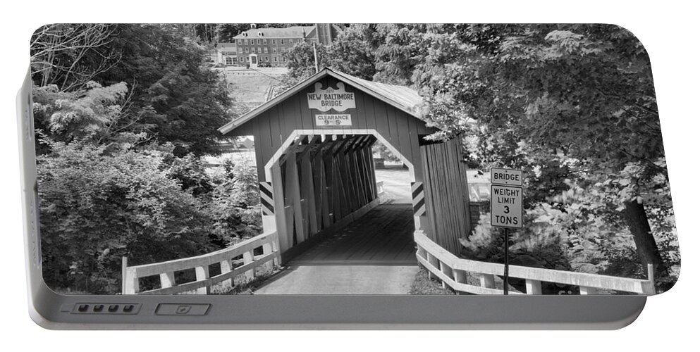 New Baltimore Covered Bridge Portable Battery Charger featuring the photograph New Baltimore Covered Bridge Landscape Black And White by Adam Jewell
