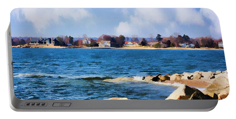 New England Portable Battery Charger featuring the painting New England Shoreline - Painterly by Judy Palkimas