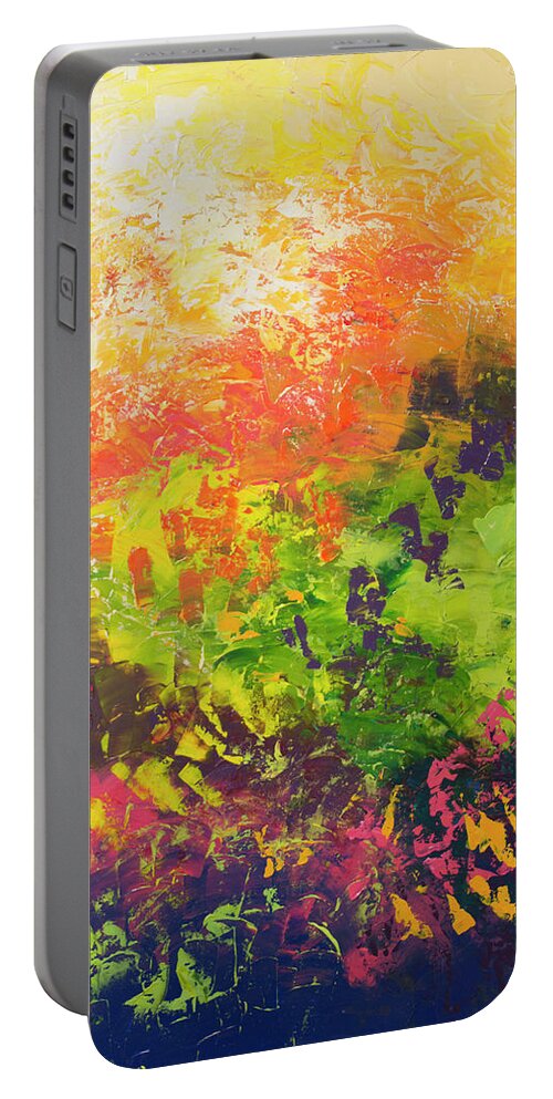 Abstract Portable Battery Charger featuring the mixed media Irises by Linda Bailey