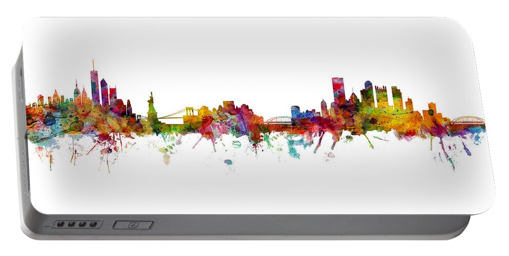 Pittsburgh New York Mashup Portable Battery Charger featuring the digital art New York and Pittsburgh Skyline Mashup by Michael Tompsett