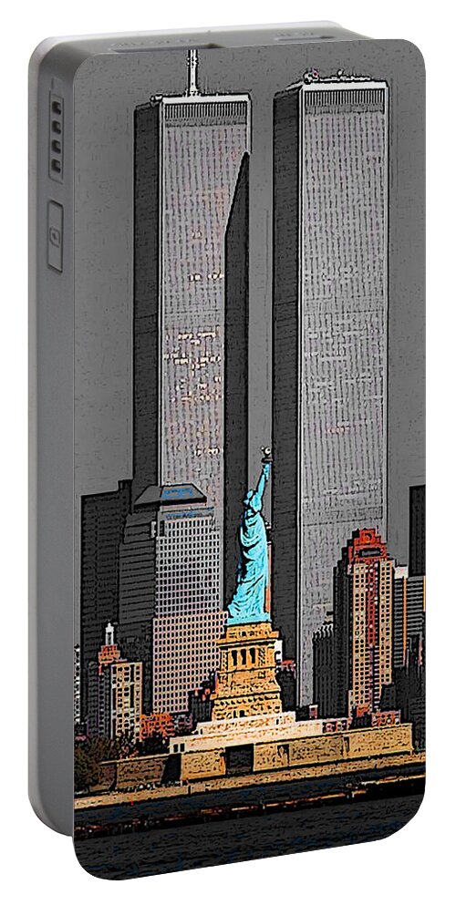 New+york Portable Battery Charger featuring the drawing New York 911 Memory - Twin Towers and Statue of Liberty by Peter Potter