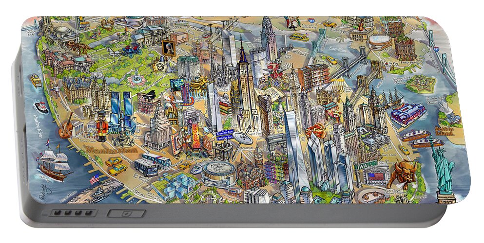 Manhattan Portable Battery Charger featuring the painting New York City Illustrated Map by Maria Rabinky