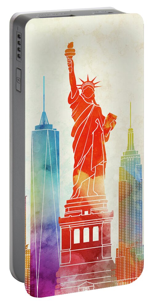 United States Portable Battery Charger featuring the painting New York landmarks watercolor poster by Pablo Romero