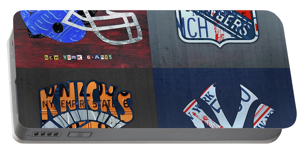 New York Portable Battery Charger featuring the mixed media New York Sports Team License Plate Art Giants Rangers Knicks Yankees by Design Turnpike