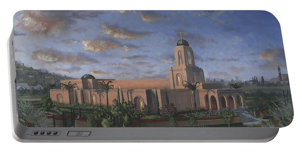 Temple Portable Battery Charger featuring the painting Newport Beach Temple by Jeff Brimley